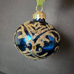 Frontgate Blue Gold Glitter Swirl Glass Ornament 4 Inch Hand Decorated Holiday